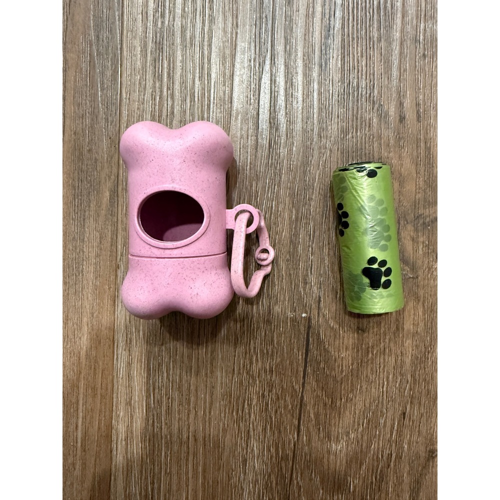 Pink Bone Shaped Dog Poop Bag Dispenser with Paw Print Bags Holder Leash Clip